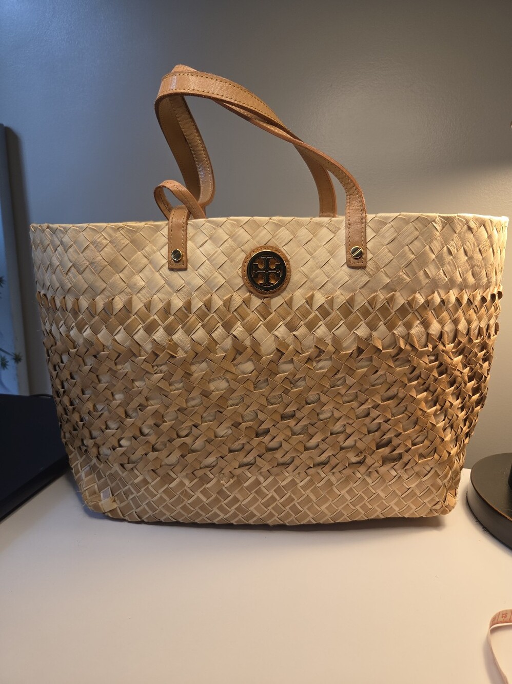 Tory Burch Woven Straw Tote Bag with Tan Leather Handles & Matching Zipper Pouch